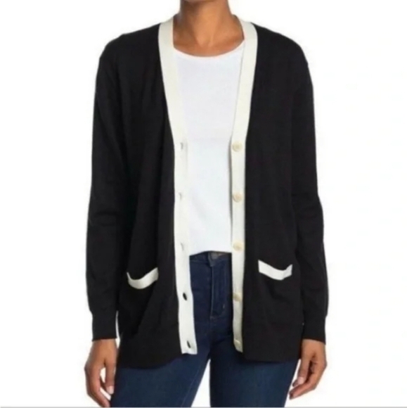 J. CREW Black & White Trim Front Pockets Button Down Cardigan Sweater Sz XXS - Picture 2 of 14